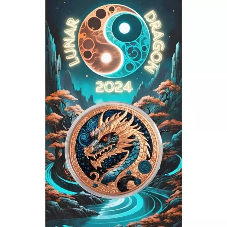 1 UNZE 999 KUPFER - LUNAR DRACHE 2024 - KOLORIERT - KUPFERBARREN
