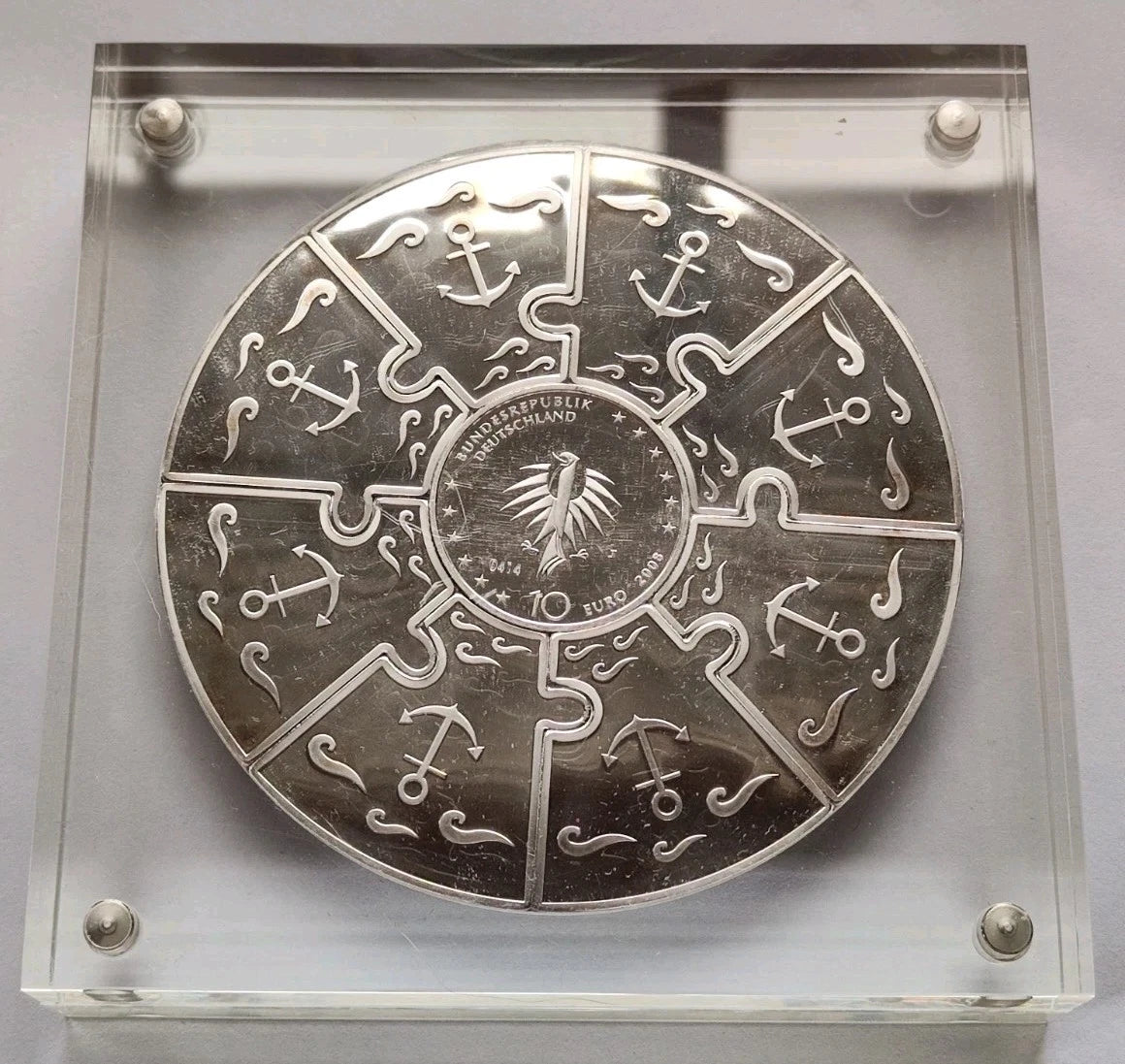 XXL PUZZLE MEDAILLE + 10 EURO SILBERMÜNZE 50 JAHRE SCHIFF GORCH FOCK 2008 - KOLORIERT & VERGOLDET