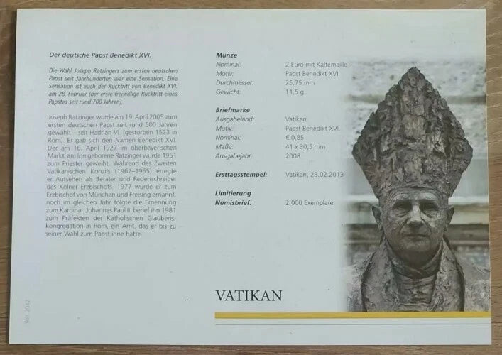 2 EURO MÜNZE - VATIKAN / PAPST BENEDIKT XVI. 2013 - NUMISBRIEF - BRIEFMARKE - KOLORIERT