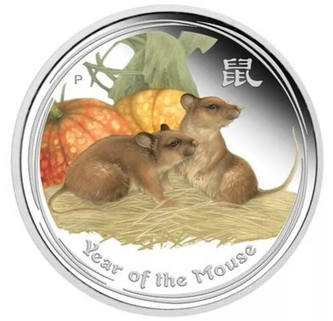 2 UNZEN SILBER - LUNAR MAUS 2008 - KOLORIERT - SILBERMÜNZE