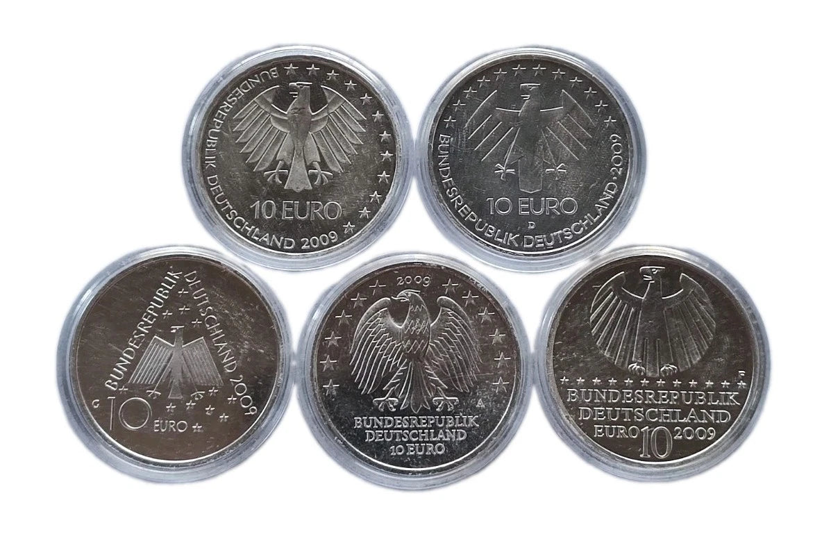 5 x 10 Euro Silbermünze - BRD - Teilvergoldet