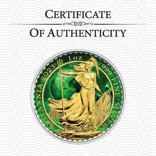 1 UNZE 999 SILBER - GOLD BRITANNIA / GRÜNER PLANET - NUR 100 STÜCK WELTWEIT - KOLORIERT - SILBERMÜNZE