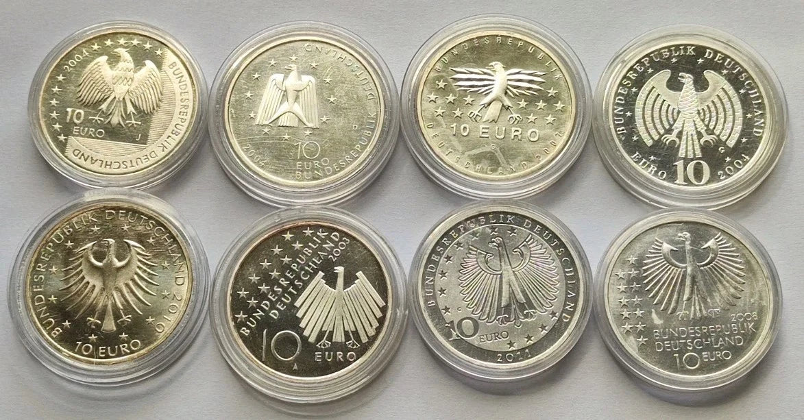 8 x 10 Euro Silbermünze - BRD - diverse Jahre - teilvergoldet