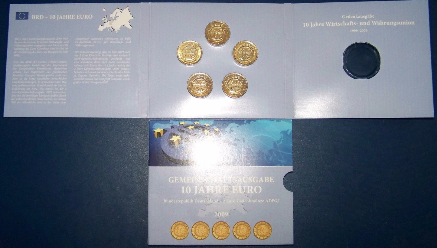 5 x 2 Euro Münze - BRD - 10 Jahre Wirtschafts und Währung 2009 - komplett Satz ADFGJ - vergoldet