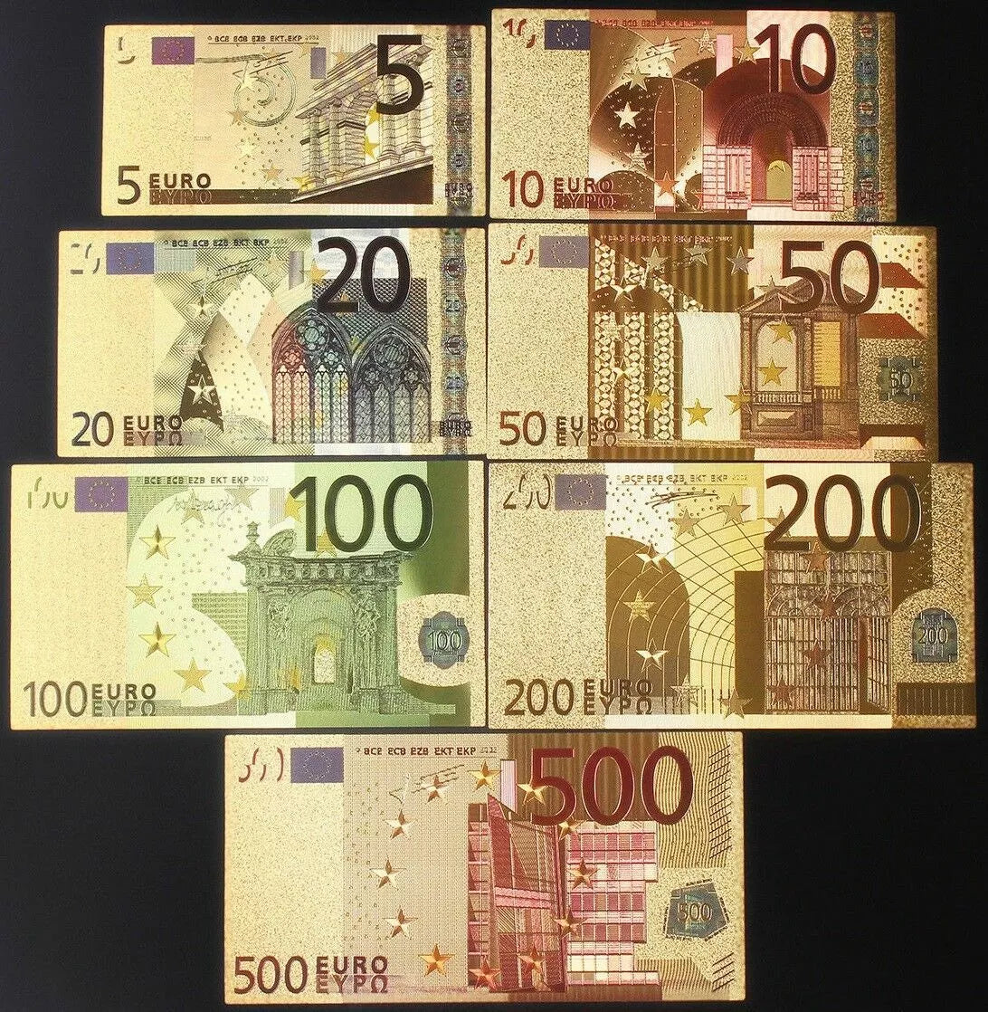 EURO BANKNOTEN SET - KOLORIERT - GOLD / VERGOLDET