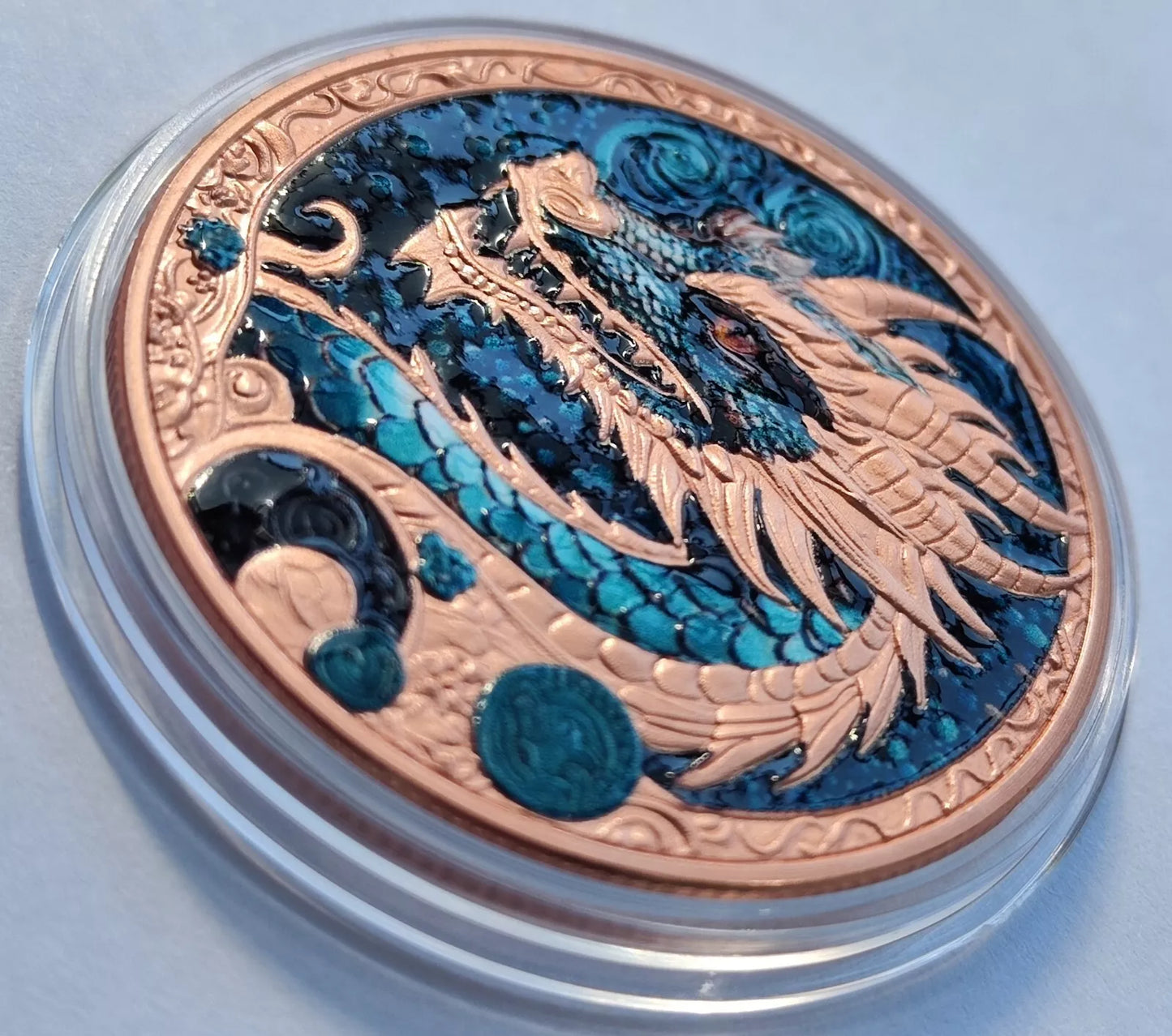1 UNZE 999 KUPFER - LUNAR DRACHE 2024 - KOLORIERT - KUPFERBARREN