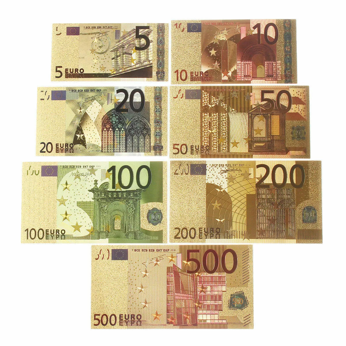 EURO BANKNOTEN SET - KOLORIERT - GOLD / VERGOLDET