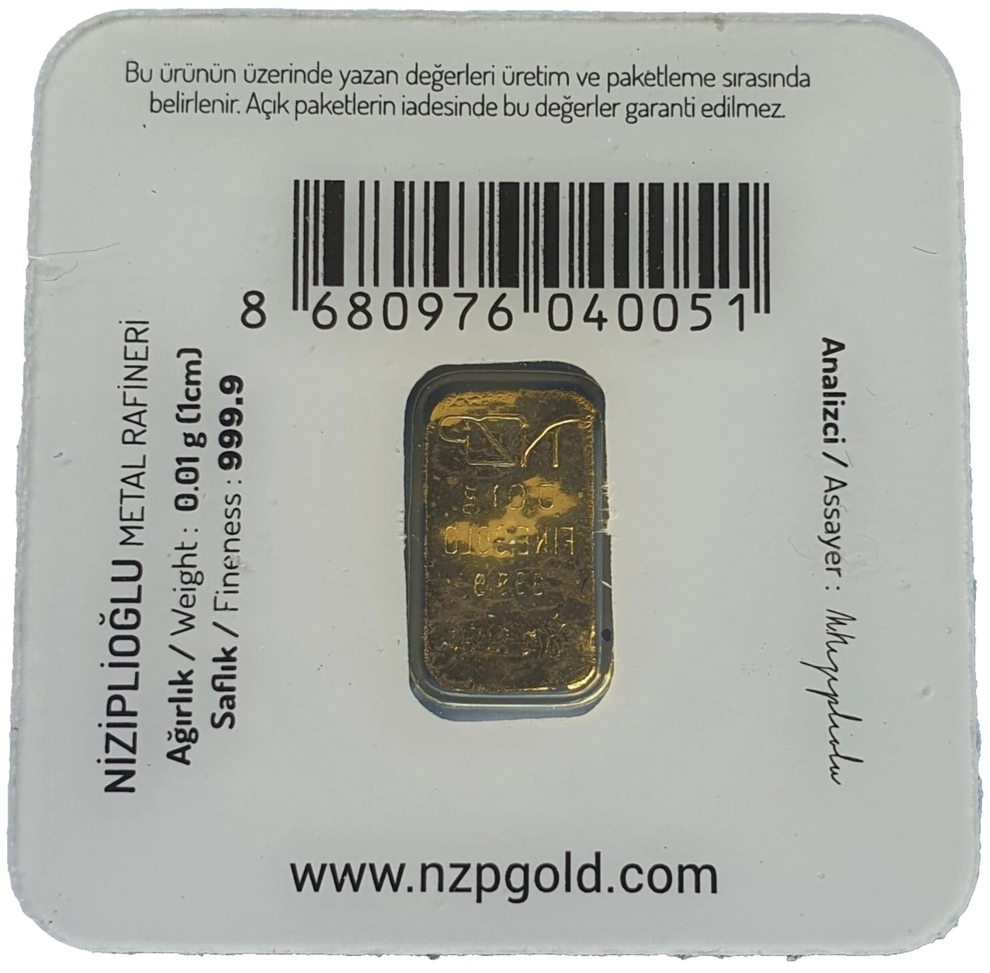 0,01 GRAMM GOLDBARREN - IM BLISTER