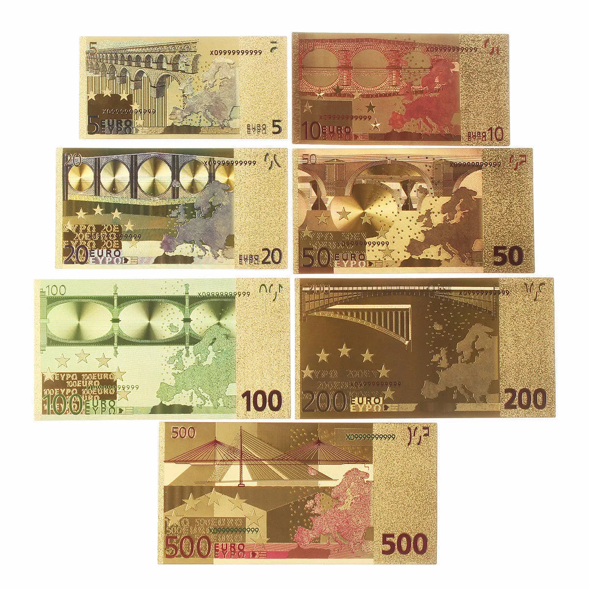 EURO BANKNOTEN SET - KOLORIERT - GOLD / VERGOLDET