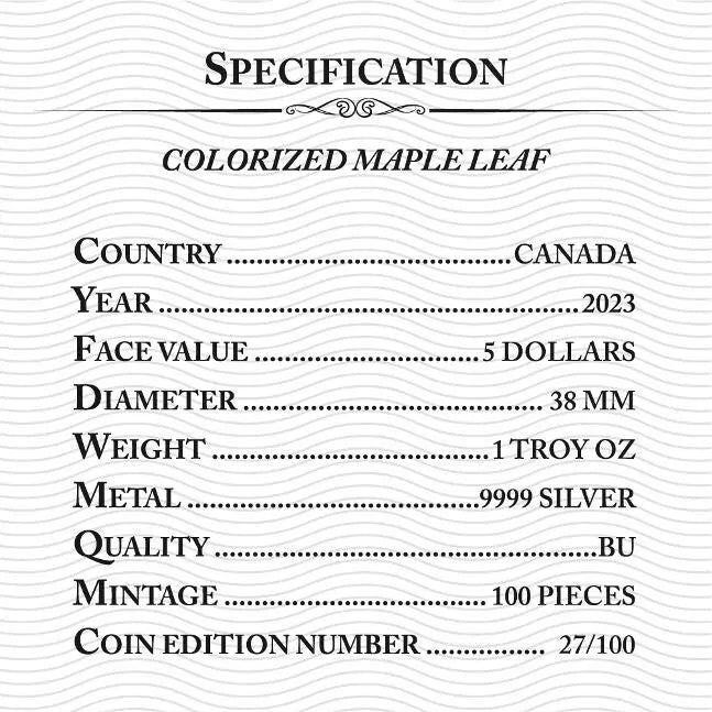 1 UNZE 999 SILBER - MAPLE LEAF IN FLAMMEN - NUR 100 STÜCK WELTWEIT - KOLORIERT - SILBERMÜNZE