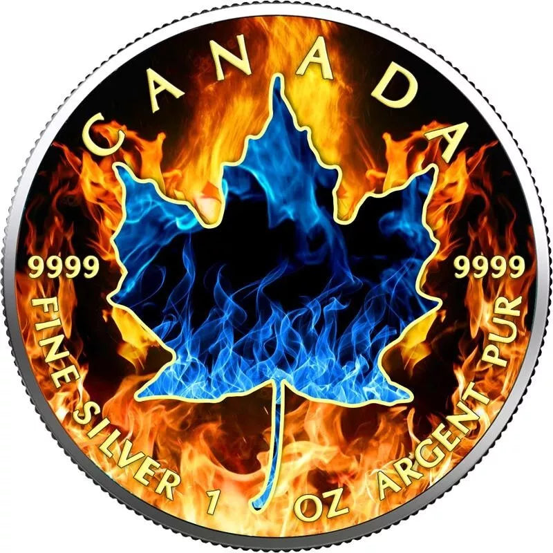 1 UNZE 999 SILBER - MAPLE LEAF IN FLAMMEN - NUR 100 STÜCK WELTWEIT - KOLORIERT - SILBERMÜNZE