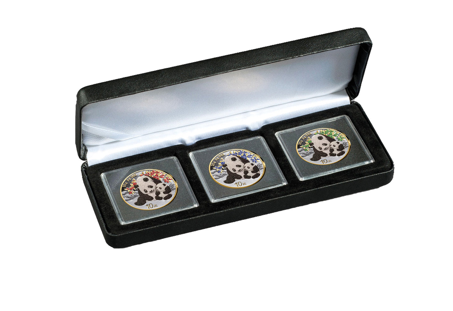 3 x 30 GRAMM SILBER - CHINA PANDA SET 2024 - MIT GOLD & DIAMANTENSTAUB - SILBERMÜNZEN - SELTEN