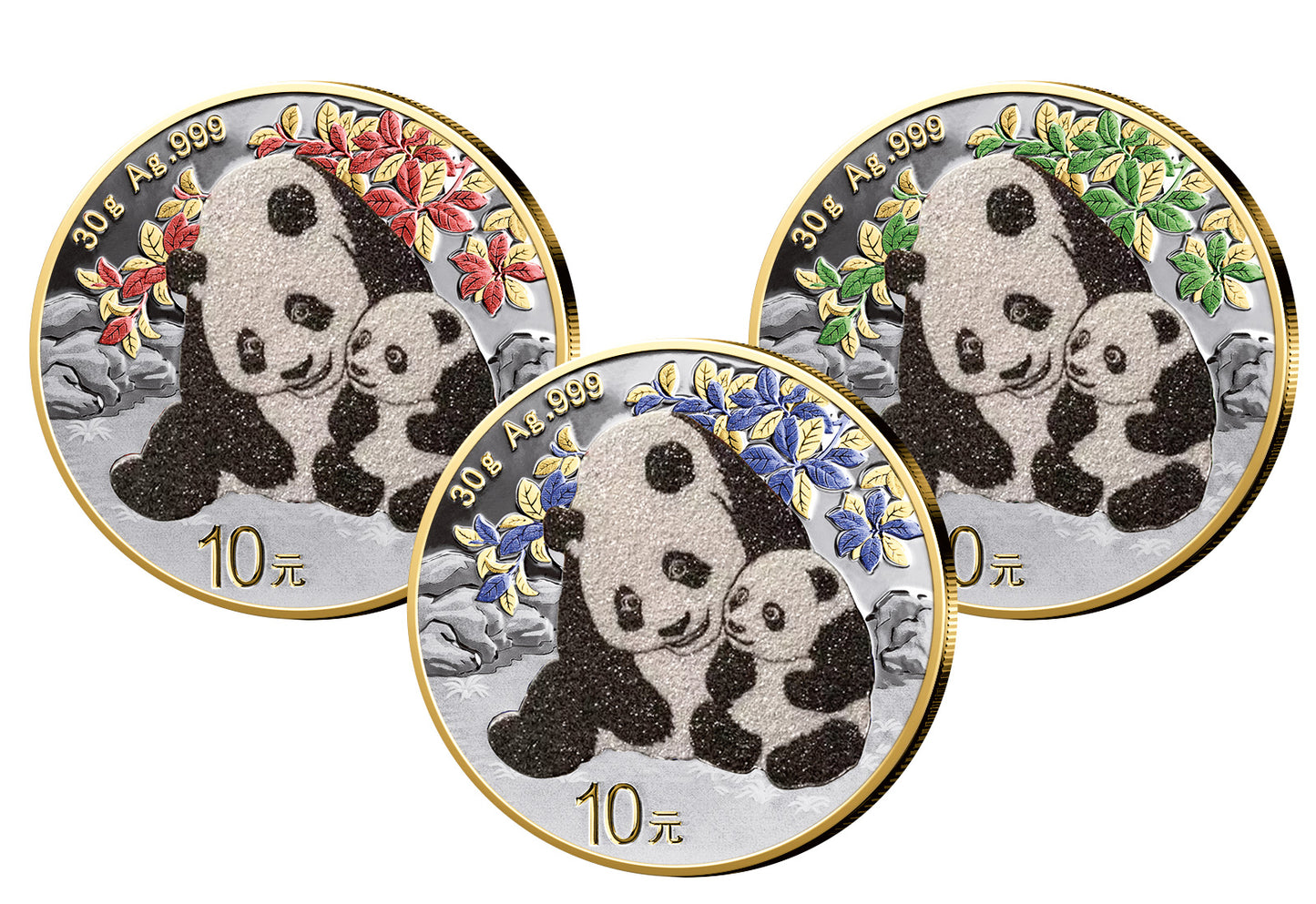 3 x 30 GRAMM SILBER - CHINA PANDA SET 2024 - MIT GOLD & DIAMANTENSTAUB - SILBERMÜNZEN - SELTEN