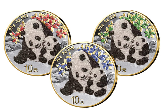 3 x 30 GRAMM SILBER - CHINA PANDA SET 2024 - MIT GOLD & DIAMANTENSTAUB - SILBERMÜNZEN - SELTEN