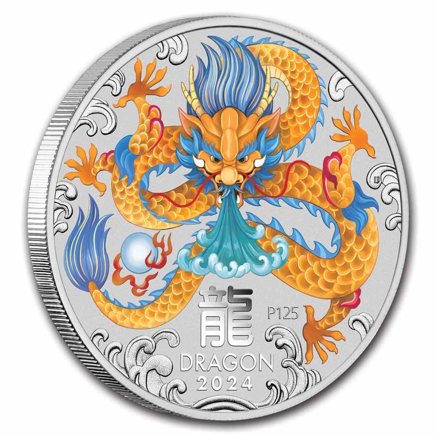 5 UNZEN SILBER - LUNAR DRACHE 2024 - KOLORIERT - SILBERMÜNZE