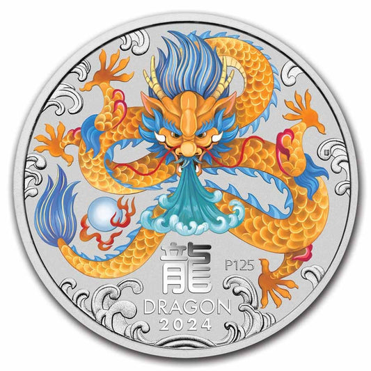 5 UNZEN SILBER - LUNAR DRACHE 2024 - KOLORIERT - SILBERMÜNZE