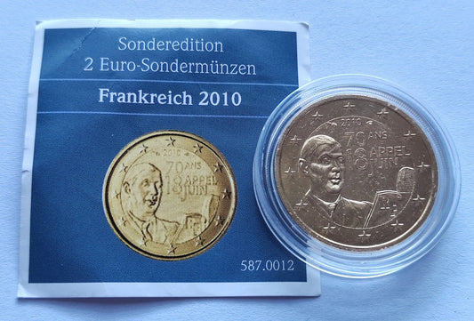 2 Euro Münze - Frankreich - 70. Jahrestag des Appells vom 18. Juni - 2010 - vergoldet