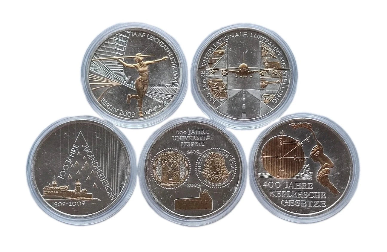 5 x 10 Euro Silbermünze - BRD - Teilvergoldet