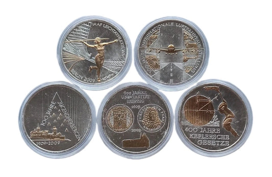 5 x 10 Euro Silbermünze - BRD - Teilvergoldet