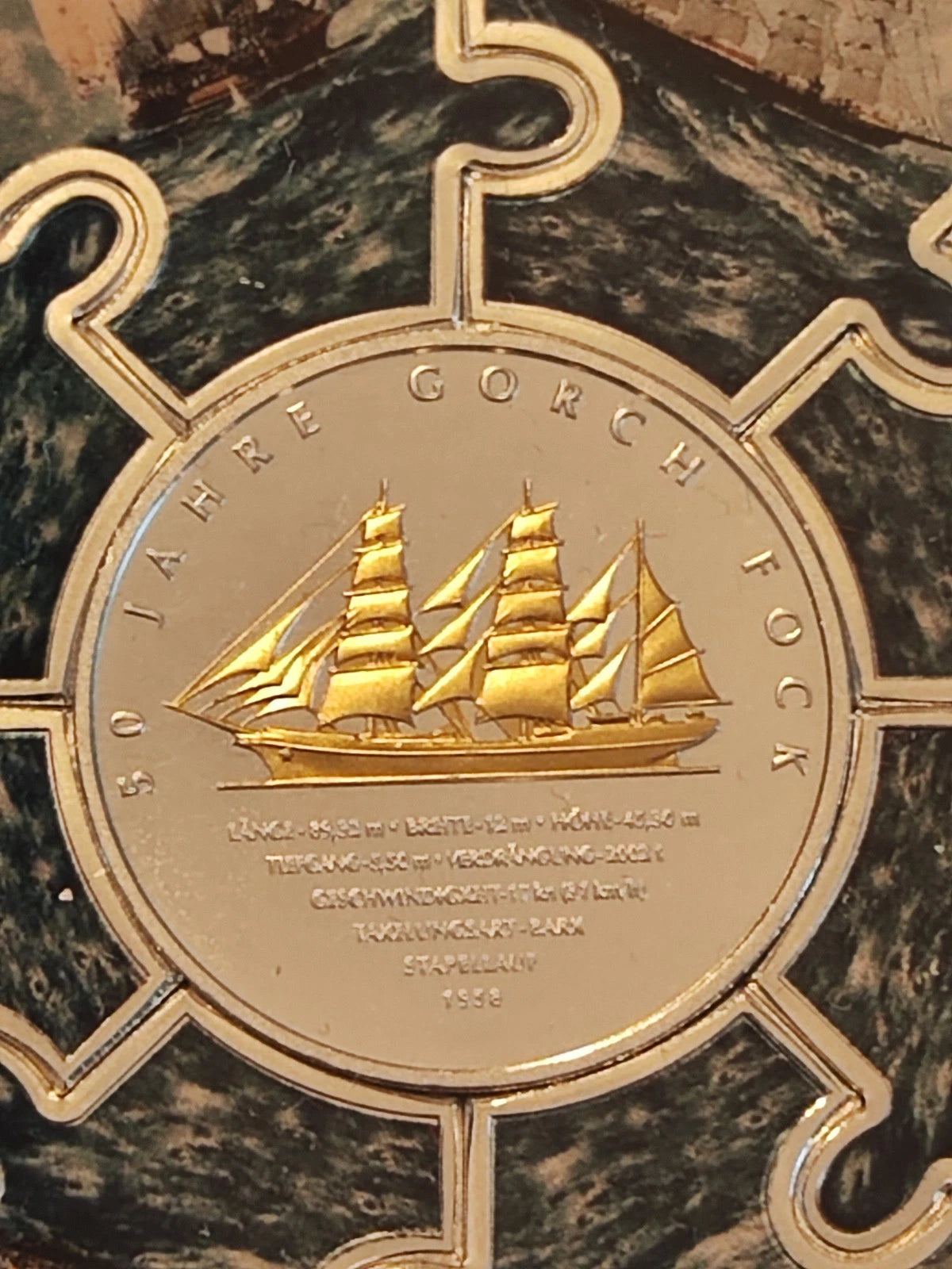 XXL PUZZLE MEDAILLE + 10 EURO SILBERMÜNZE 50 JAHRE SCHIFF GORCH FOCK 2008 - KOLORIERT & VERGOLDET