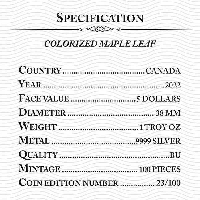 1 UNZE 999 SILBER - MAPLE LEAF / POLAR FUCHS  - NUR 100 STÜCK WELTWEIT - KOLORIERT - SILBERMÜNZE