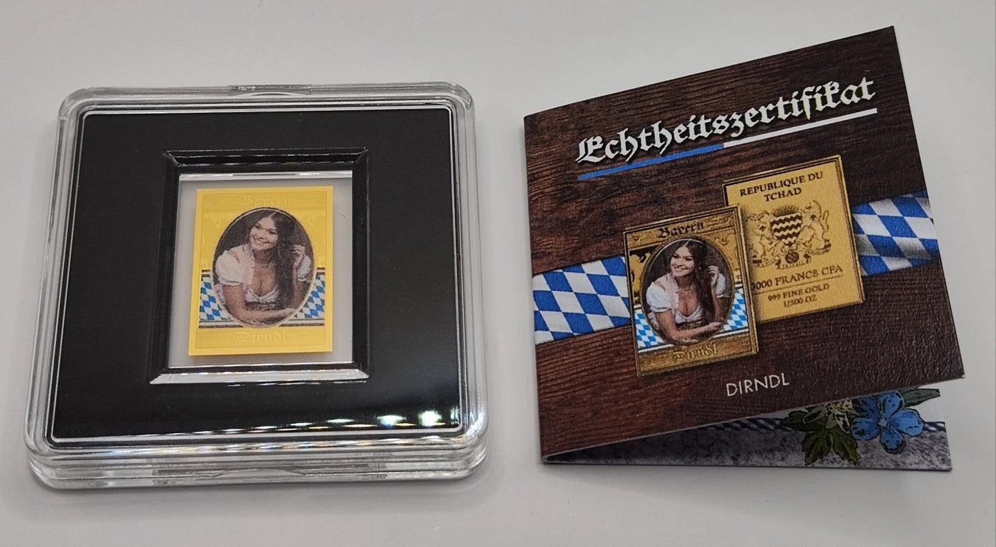 1/500 UNZE GOLD - DIRNDEL / KLEID / FRAU / BAYERN - KOLORIERT - GOLDMÜNZE