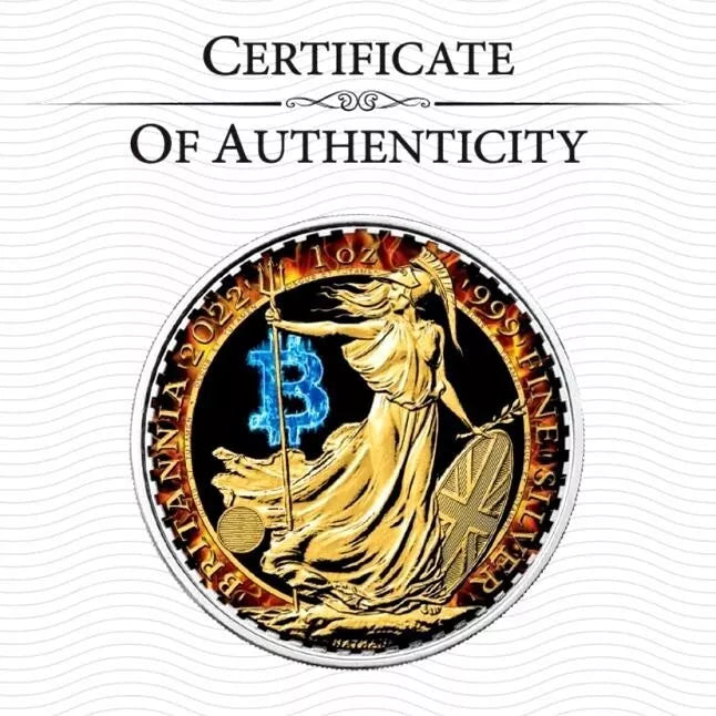 1 UNZE 999 SILBER - BITCOIN / BRITANNIA - NUR 50 STÜCK WELTWEIT - KOLORIERT - SILBERMÜNZE