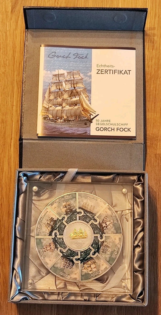XXL PUZZLE MEDAILLE + 10 EURO SILBERMÜNZE 50 JAHRE SCHIFF GORCH FOCK 2008 - KOLORIERT & VERGOLDET