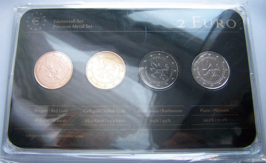 4 x 2 Euro Münzen Set - Monaco - UNO Beitritt 2013 - Silber / Platin / Rotgold / Ruthenium / Gold (Kopie)