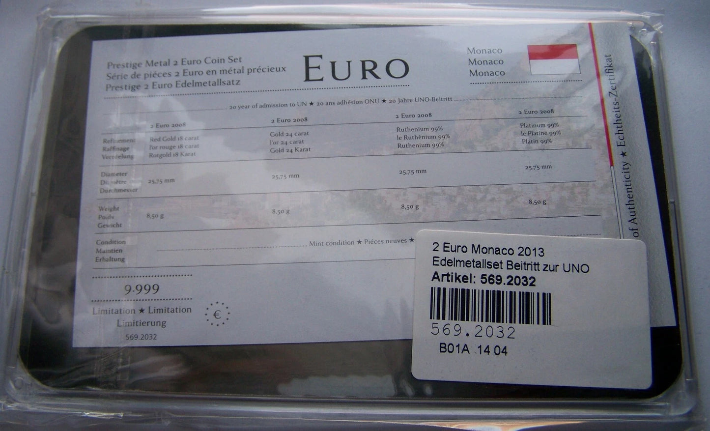 4 x 2 Euro Münzen Set - Monaco - UNO Beitritt 2013 - Silber / Platin / Rotgold / Ruthenium / Gold (Kopie)