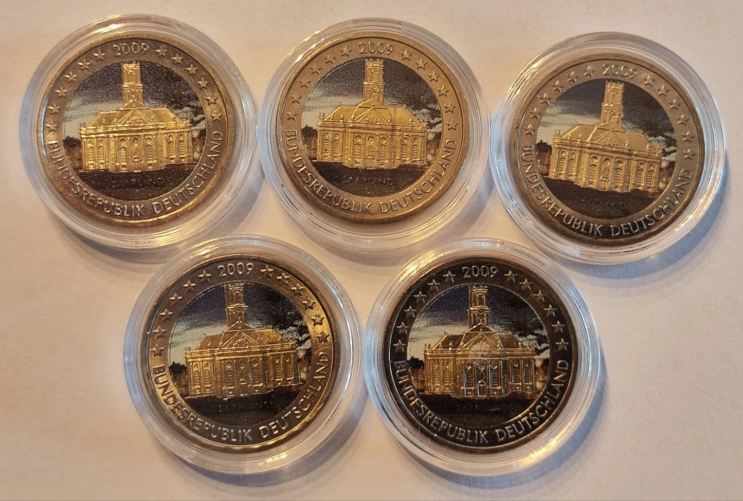 5 x 2 Euro Münze - BRD - Saarland - Ludwigskirche 2009 - komplett Satz ADFGJ - koloriert