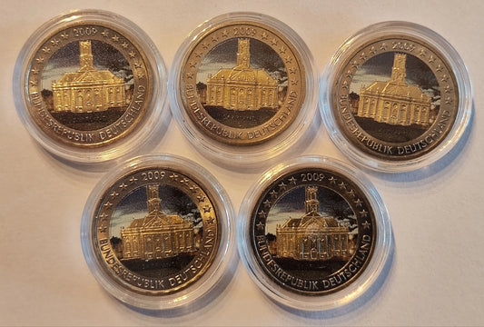 5 x 2 Euro Münze - BRD - Saarland - Ludwigskirche 2009 - komplett Satz ADFGJ - koloriert