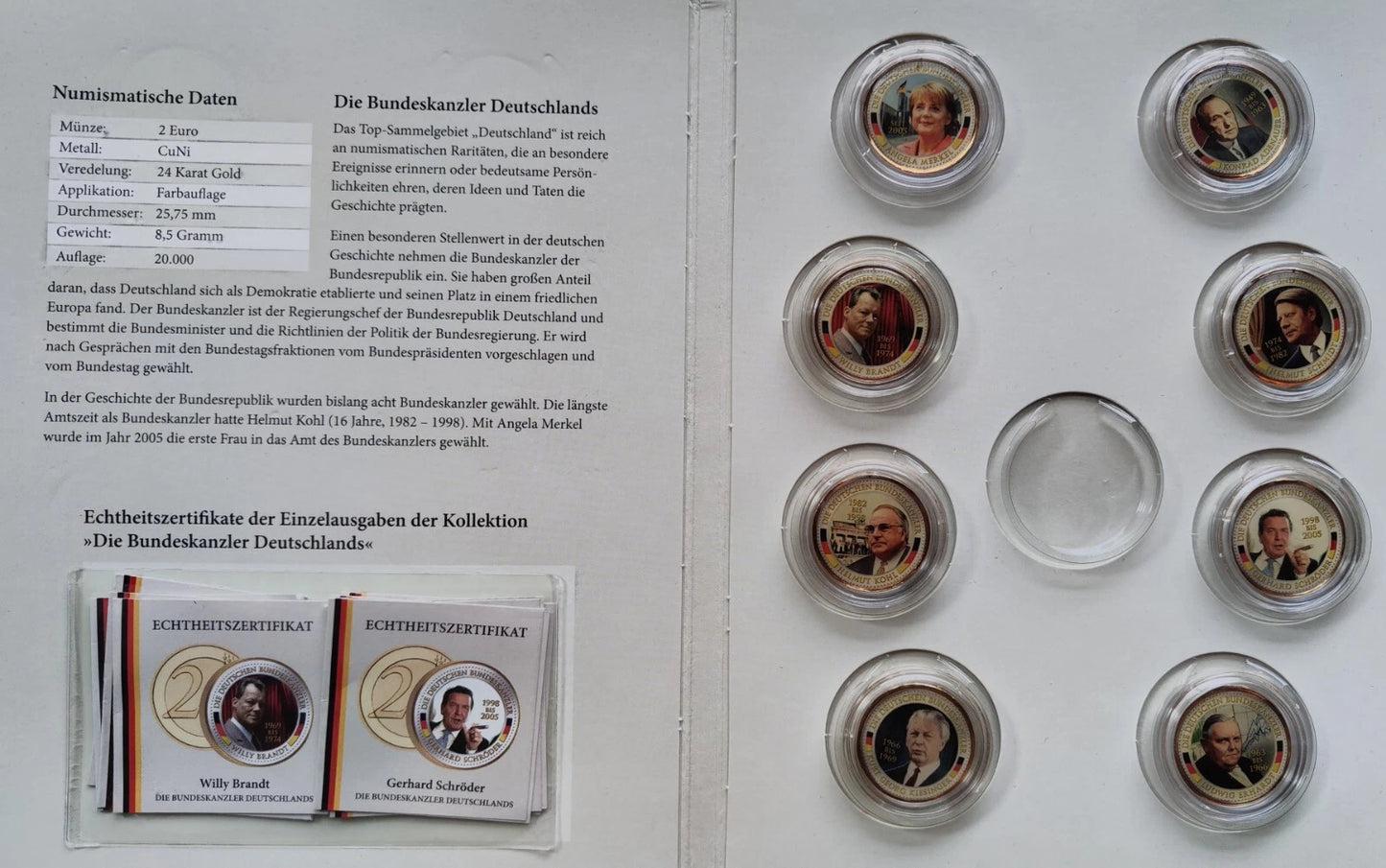 8 x 2 Euro Münzen Set - BRD - Bundeskanzler von Deutschland - koloriert & vergoldet