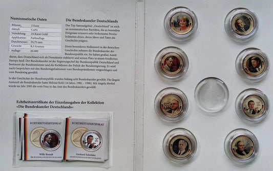 8 x 2 Euro Münzen Set - BRD - Bundeskanzler von Deutschland - koloriert & vergoldet