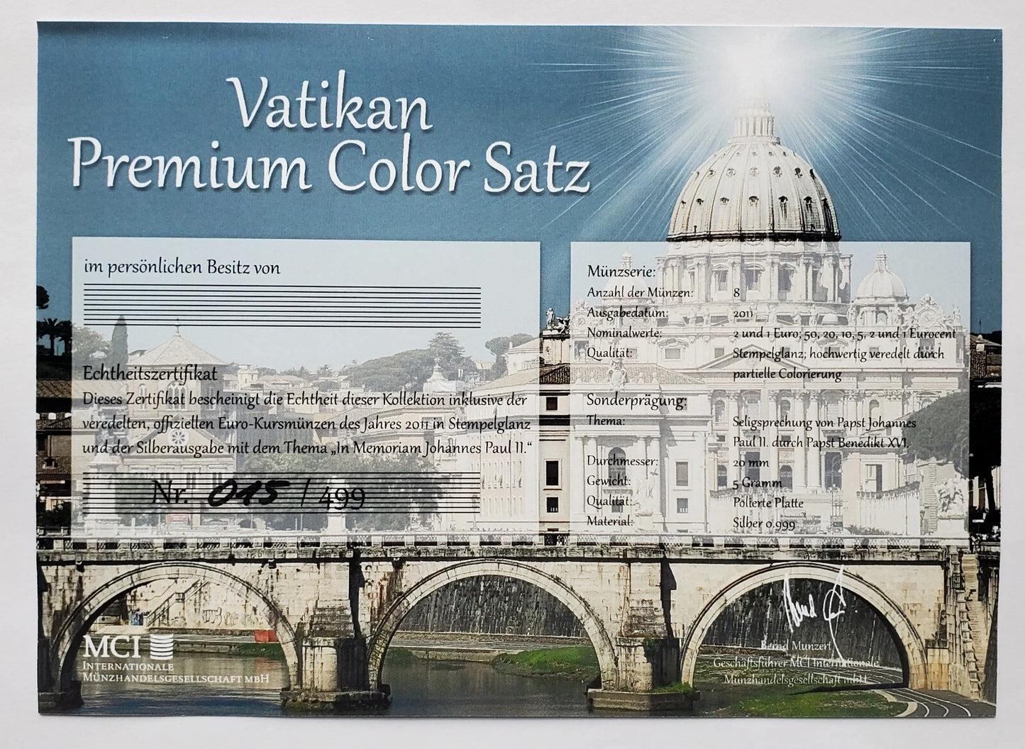 PREMIUM EURO MÜNZEN KMS - MIT SILBERMEDAILLE - VATIKAN 2011 - PAPST BENEDIKT XVI. - KOLORIERT