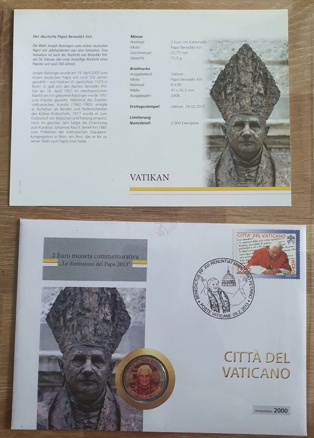 2 EURO MÜNZE - VATIKAN / PAPST BENEDIKT XVI. 2013 - NUMISBRIEF - BRIEFMARKE - KOLORIERT