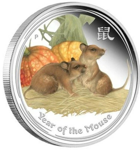 2 UNZEN SILBER - LUNAR MAUS 2008 - KOLORIERT - SILBERMÜNZE