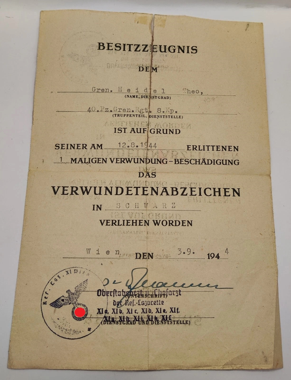 BESITZZEUGNIS - VERWUNDETENABZEICHEN - SCHWARZ 1939 - ORDEN