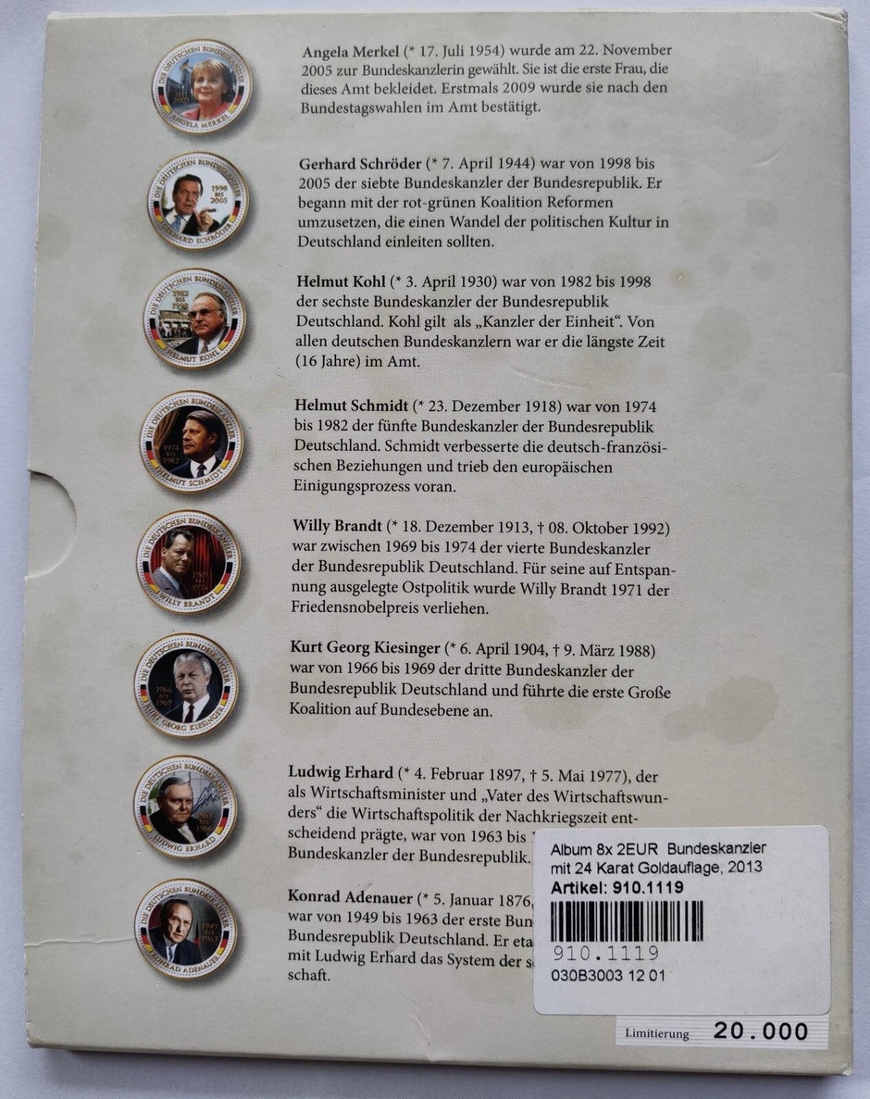 8 x 2 Euro Münzen Set - BRD - Bundeskanzler von Deutschland - koloriert & vergoldet