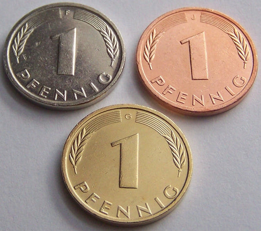 3 x 1 GOLD PFENNIG - DM - MARK - VERGOLDET / VERSILBERT / VERKUPFERT