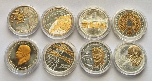 8 x 10 Euro Silbermünze - BRD - diverse Jahre - teilvergoldet