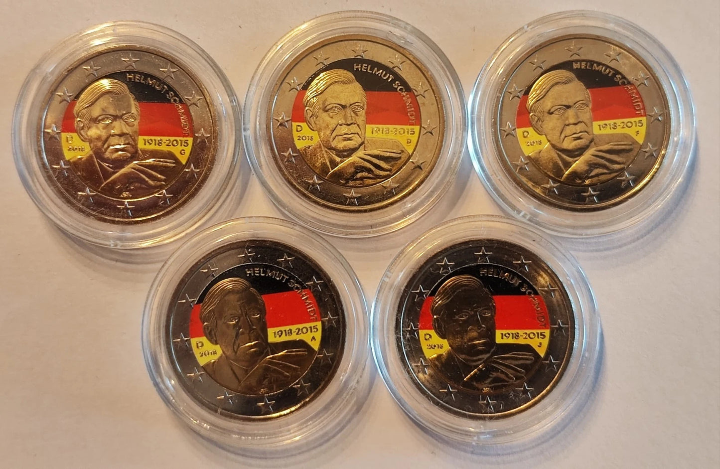 5 x 2 Euro Münze - BRD - Helmut Schmidt 2015 - komplett Satz ADFGJ - koloriert