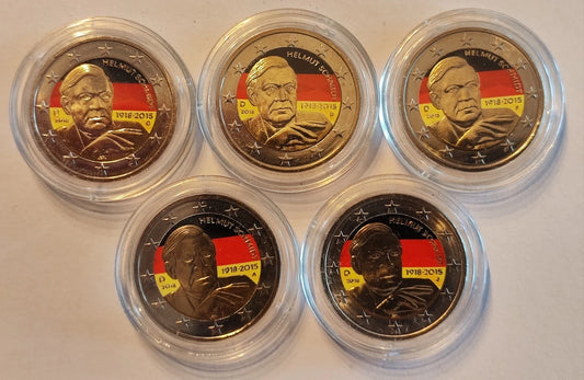 5 x 2 Euro Münze - BRD - Helmut Schmidt 2015 - komplett Satz ADFGJ - koloriert