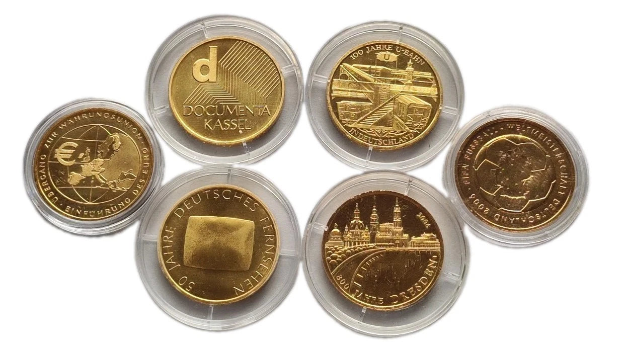 6 x 10 Euro Silbermünze - BRD - diverse Jahre - 24 Karat vergoldet