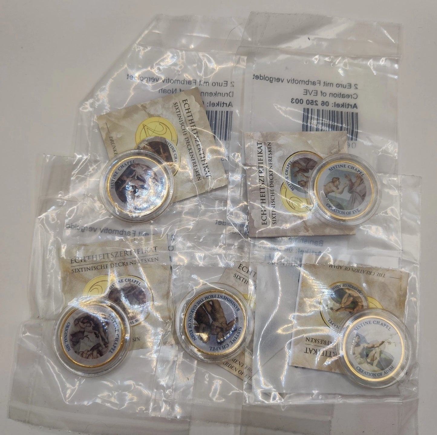 5 x 2 Euro Münze - Sixtinischen Kapelle im Vatikan / Fresken - koloriert & vergoldet