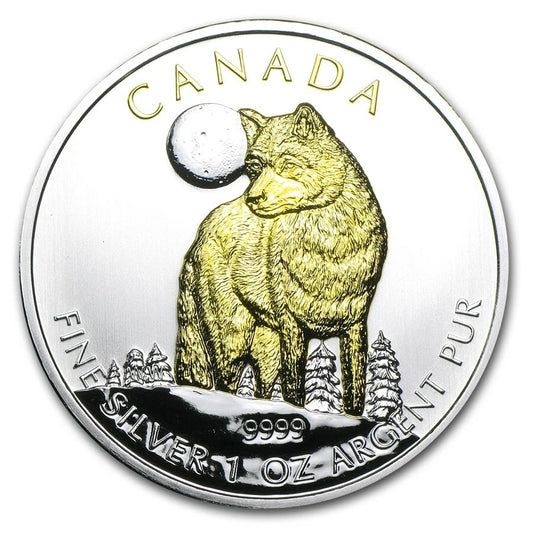 1 UNZE 999 SILBER - KANADA WOLF 2011 - TEILVERGOLDET - SILBERMÜNZE