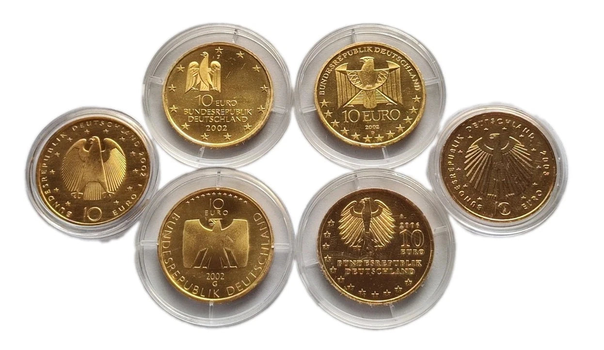 6 x 10 Euro Silbermünze - BRD - diverse Jahre - 24 Karat vergoldet