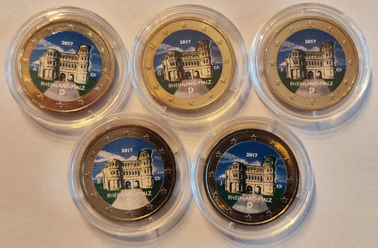 5 x 2 Euro Münze - BRD - Rheinland-Pfalz - Porta Nigra 2017 - komplett Satz ADFGJ - koloriert