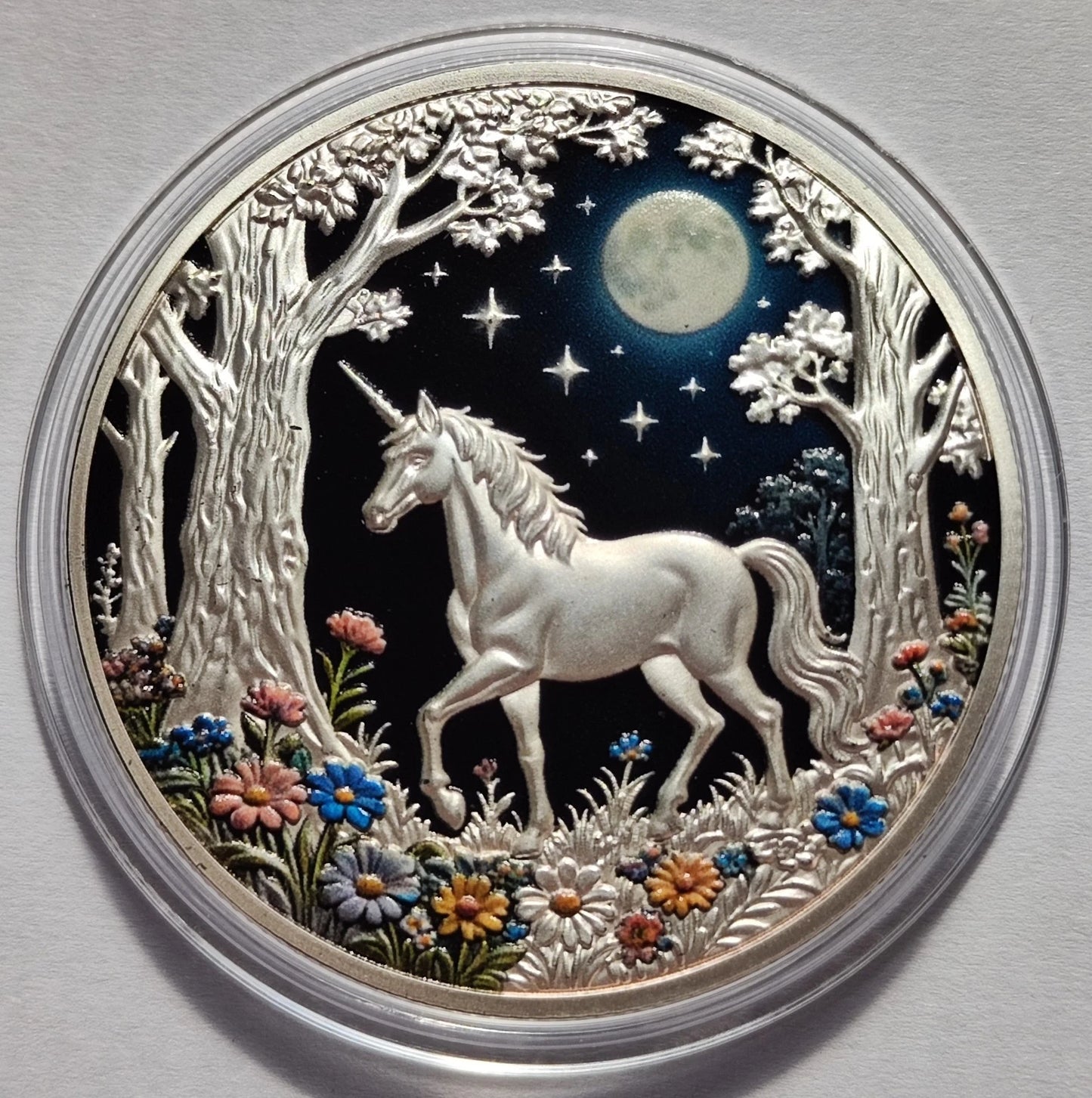 1 UNZE 999 KUPFER - EINHORN - HIGH RELIEF - KUPFERBARREN - KOLORIERT & VERSILBERT
