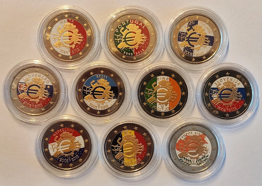 10 x 2 Euro Münze - Europa - 10 Jahre Bargeld 2012 - koloriert